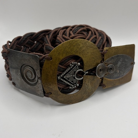 Vintage Signed Marjerie Baer Brown Wide Woven Belt Hammered Brass/Pewter Buckle main image 4